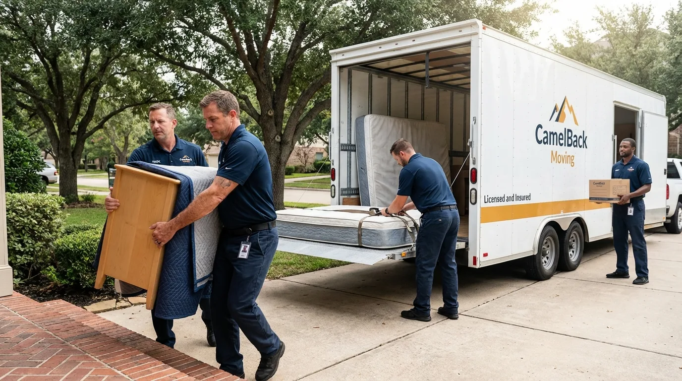 Crew loading residential truck for cross-state move from Mashpee, MA