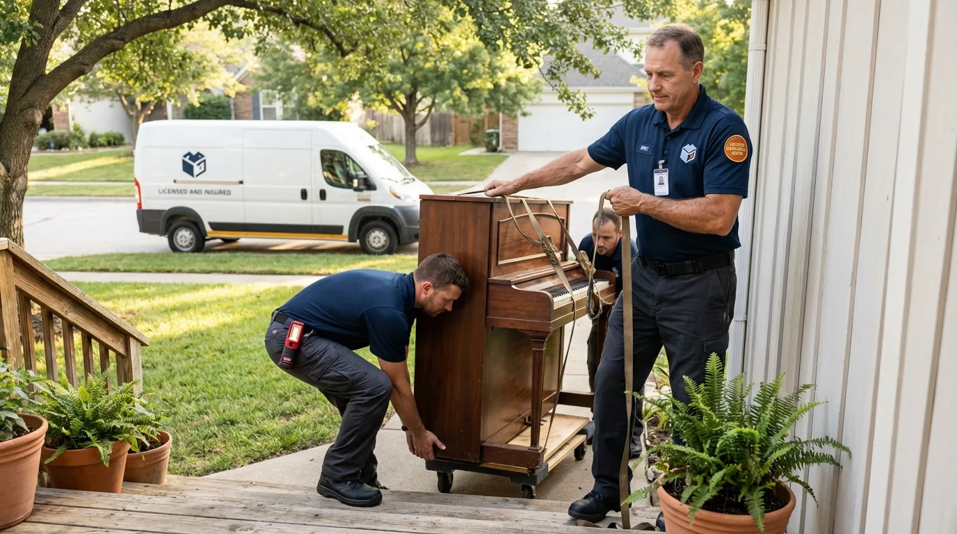 Licensed piano movers securing grand piano in Mashpee, MA