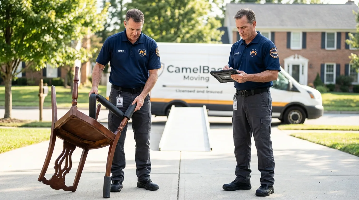 Movers inspecting furniture for damage prevention before loading in Mashpee, MA