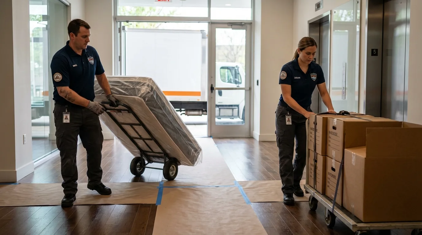 Professional apartment movers loading elevator in Mashpee, MA