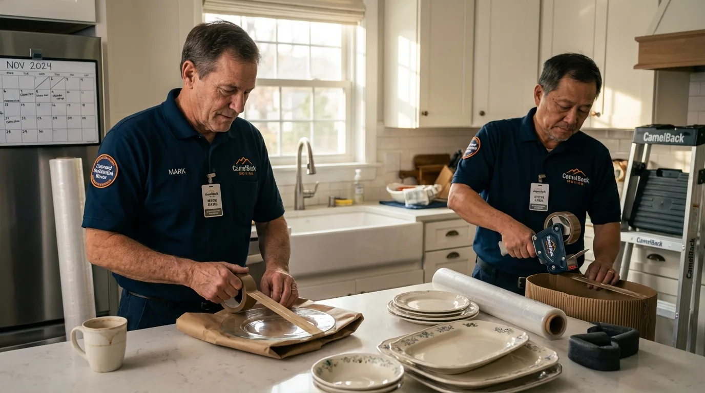 Professional crew packing kitchen dishware in Mashpee, MA